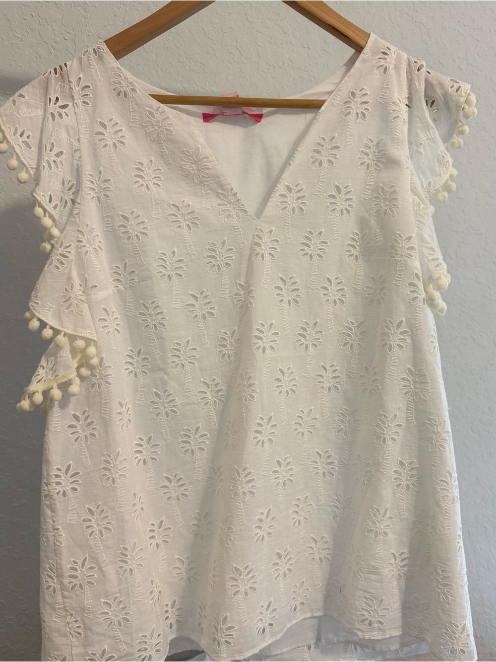 Lilly Pulitzer White Eyelet V-Neck Pom Pom Flutter Sleeve Top